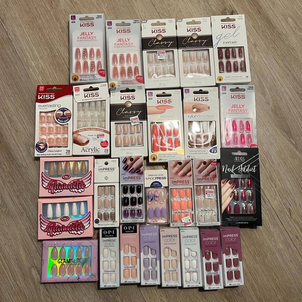 27 sets of Press-On Manicures from brands like Kiss, Glamnetic, Impress, & OPI
